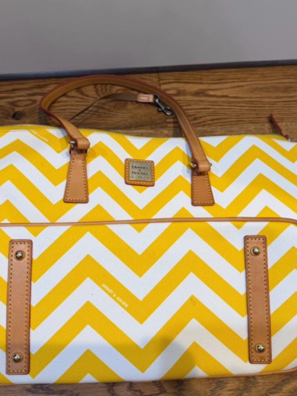 Dooney & Bourke Yellow and White Chevron Tote with Tan Trim